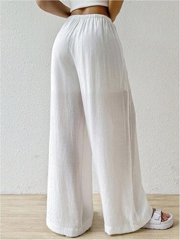 Women's Elastic Drawstring Waist Wide Leg Pants Loose Fit Sheer Cover Up Beach Pants Lounge with Pocket in Saudi Arabia