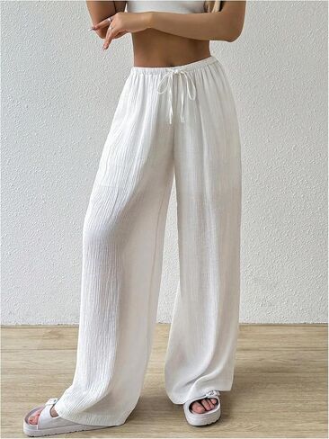 Women's Elastic Drawstring Waist Wide Leg Pants Loose Fit Sheer Cover Up Beach Pants Lounge with Pocket in Saudi Arabia