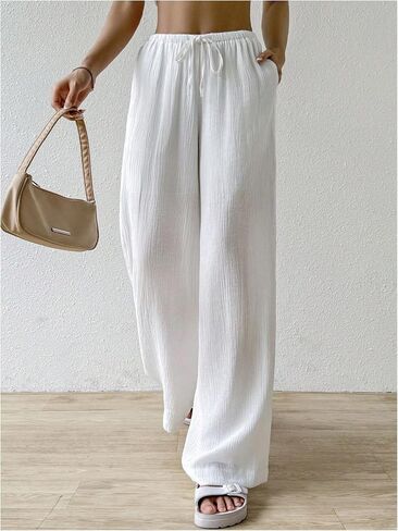 Women's Elastic Drawstring Waist Wide Leg Pants Loose Fit Sheer Cover Up Beach Pants Lounge with Pocket in Saudi Arabia