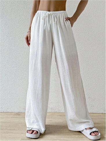 Women's Elastic Drawstring Waist Wide Leg Pants Loose Fit Sheer Cover Up Beach Pants Lounge with Pocket in Saudi Arabia