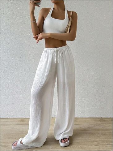 Women's Elastic Drawstring Waist Wide Leg Pants Loose Fit Sheer Cover Up Beach Pants Lounge with Pocket in Saudi Arabia