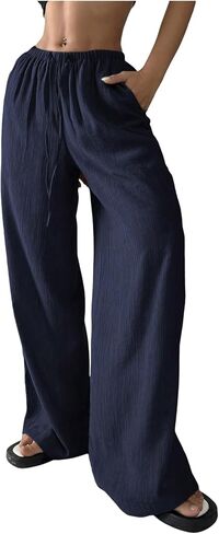 Women's Elastic Drawstring Waist Wide Leg Pants Loose Fit Sheer Cover Up Beach Pants Lounge with Pocket in Saudi Arabia