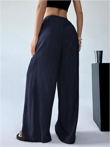 Women's Elastic Drawstring Waist Wide Leg Pants Loose Fit Sheer Cover Up Beach Pants Lounge with Pocket in Saudi Arabia