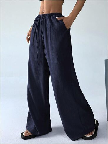 Women's Elastic Drawstring Waist Wide Leg Pants Loose Fit Sheer Cover Up Beach Pants Lounge with Pocket in Saudi Arabia