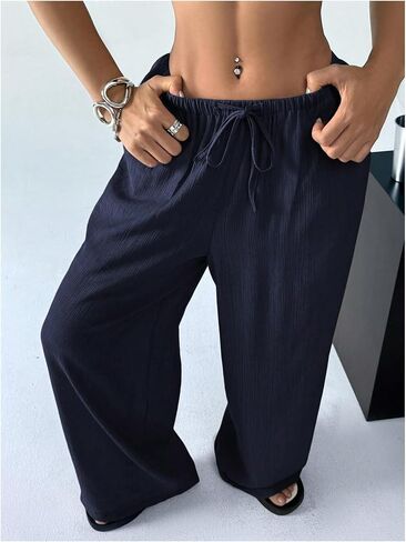 Women's Elastic Drawstring Waist Wide Leg Pants Loose Fit Sheer Cover Up Beach Pants Lounge with Pocket in Saudi Arabia