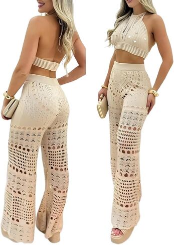 ChicMe Womens Crochet Cover-ups 2 Pieces Halter Sleeveless Crop Top and Casual Hollow-out Loose Fit Pants Set in Kuwait