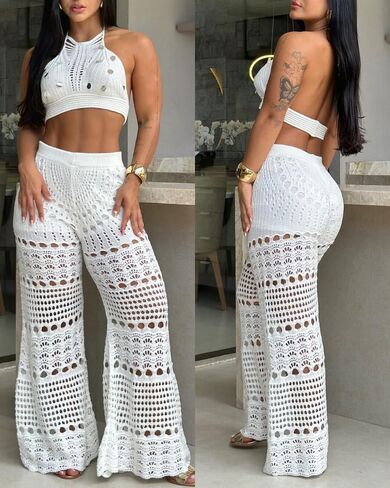 ChicMe Womens Crochet Cover-ups 2 Pieces Halter Sleeveless Crop Top and Casual Hollow-out Loose Fit Pants Set in Kuwait