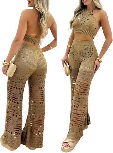 ChicMe Womens Crochet Cover-ups 2 Pieces Halter Sleeveless Crop Top and Casual Hollow-out Loose Fit Pants Set in Kuwait