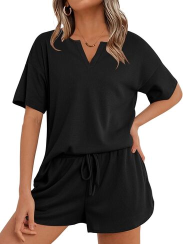 Ekouaer Waffle Knit Lounge Sets for Women 2 Piece Outfits Short Sleeve Top and Shorts Pajama Sets Tracksuit Sweatsuits S-XXL in Saudi Arabia