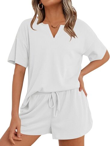 Ekouaer Waffle Knit Lounge Sets for Women 2 Piece Outfits Short Sleeve Top and Shorts Pajama Sets Tracksuit Sweatsuits S-XXL in Saudi Arabia