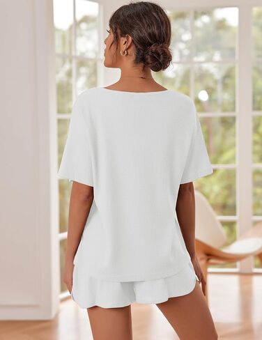 Ekouaer Waffle Knit Lounge Sets for Women 2 Piece Outfits Short Sleeve Top and Shorts Pajama Sets Tracksuit Sweatsuits S-XXL in Saudi Arabia