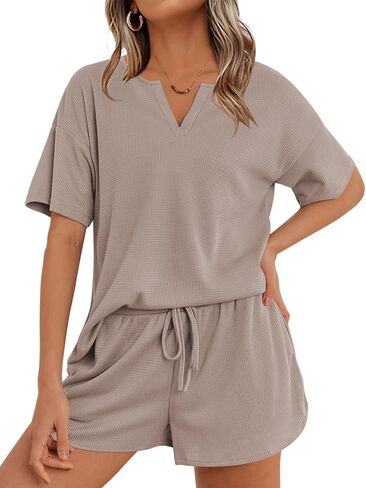 Ekouaer Waffle Knit Lounge Sets for Women 2 Piece Outfits Short Sleeve Top and Shorts Pajama Sets Tracksuit Sweatsuits S-XXL in Saudi Arabia