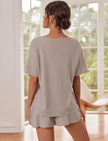 Ekouaer Waffle Knit Lounge Sets for Women 2 Piece Outfits Short Sleeve Top and Shorts Pajama Sets Tracksuit Sweatsuits S-XXL in Saudi Arabia
