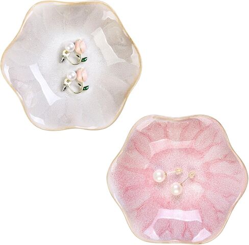 Whjy 2 Pack Sceramic Jewelry Dish 4.3 Inch Ring حامل للنساء لوتس لوتس زهرة صينية لديكور الغرفة الوردي والأبيض تخزين الغرور لقلادة قرط الحلقة in Saudi Arabia
