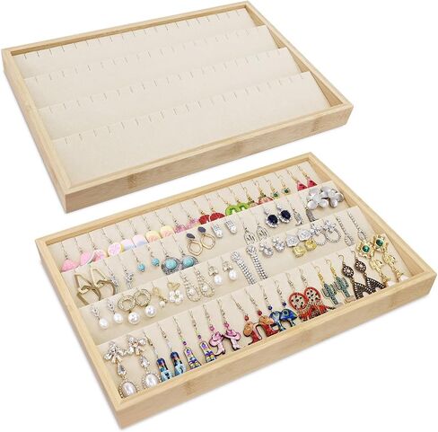 MOOCA Bamboo Necklace/Earring/Pendant Display Tray Organizer, Beige Velvet Covered Necklace Card, Showcase Up to 18 Necklaces and Pendant, Beige Color, 14" W x 9.6" D x 1.2" H in Saudi Arabia