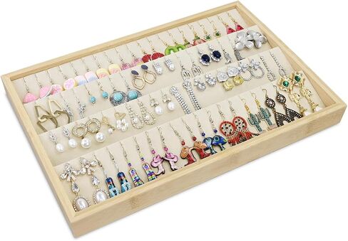 MOOCA Bamboo Necklace/Earring/Pendant Display Tray Organizer, Beige Velvet Covered Necklace Card, Showcase Up to 18 Necklaces and Pendant, Beige Color, 14" W x 9.6" D x 1.2" H in Saudi Arabia