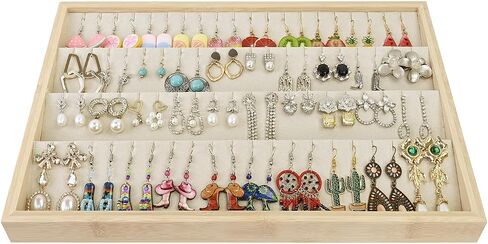 MOOCA Bamboo Necklace/Earring/Pendant Display Tray Organizer, Beige Velvet Covered Necklace Card, Showcase Up to 18 Necklaces and Pendant, Beige Color, 14" W x 9.6" D x 1.2" H in Saudi Arabia