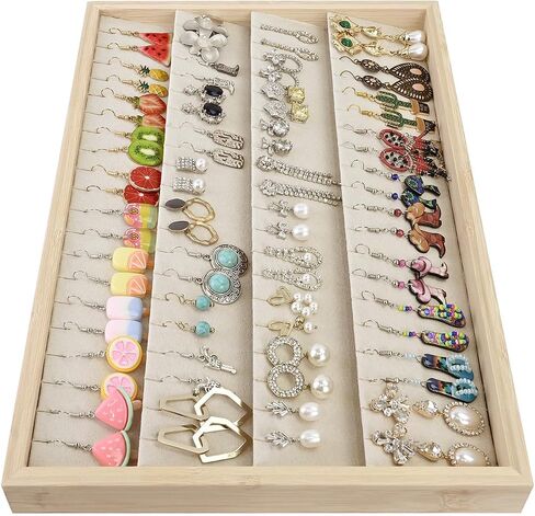 MOOCA Bamboo Necklace/Earring/Pendant Display Tray Organizer, Beige Velvet Covered Necklace Card, Showcase Up to 18 Necklaces and Pendant, Beige Color, 14" W x 9.6" D x 1.2" H in Saudi Arabia