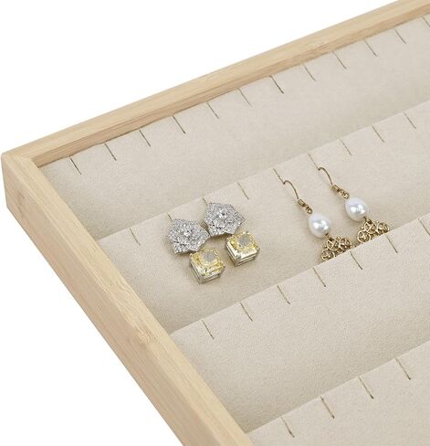 MOOCA Bamboo Necklace/Earring/Pendant Display Tray Organizer, Beige Velvet Covered Necklace Card, Showcase Up to 18 Necklaces and Pendant, Beige Color, 14" W x 9.6" D x 1.2" H in Saudi Arabia