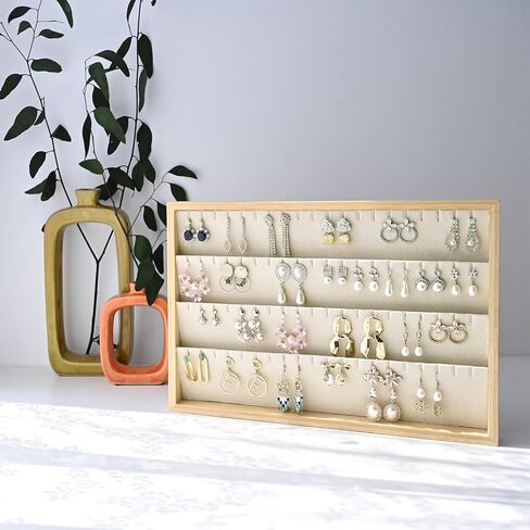 MOOCA Bamboo Necklace/Earring/Pendant Display Tray Organizer, Beige Velvet Covered Necklace Card, Showcase Up to 18 Necklaces and Pendant, Beige Color, 14" W x 9.6" D x 1.2" H in Saudi Arabia