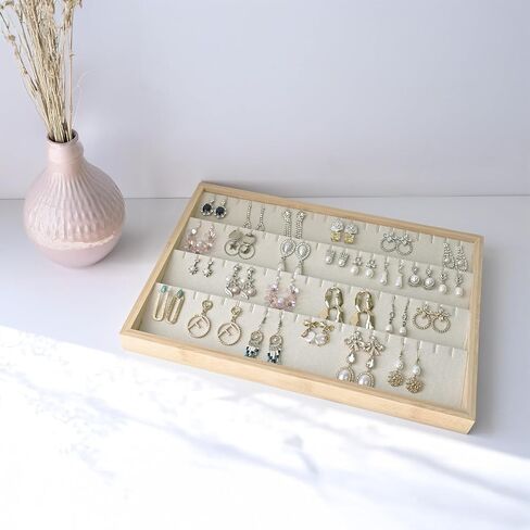 MOOCA Bamboo Necklace/Earring/Pendant Display Tray Organizer, Beige Velvet Covered Necklace Card, Showcase Up to 18 Necklaces and Pendant, Beige Color, 14" W x 9.6" D x 1.2" H in Saudi Arabia