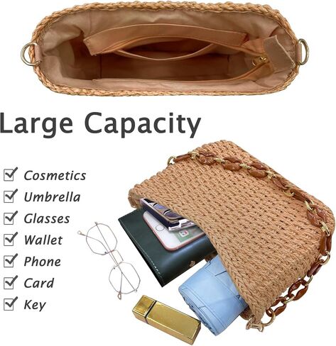 Small Straw Handbags for Women Crossbody Pocketbooks Woven Shoulder Purses Beach Tote Bag for Summer Vacation with Chain in Saudi Arabia