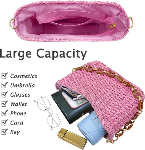 Small Straw Handbags for Women Crossbody Pocketbooks Woven Shoulder Purses Beach Tote Bag for Summer Vacation with Chain in Saudi Arabia