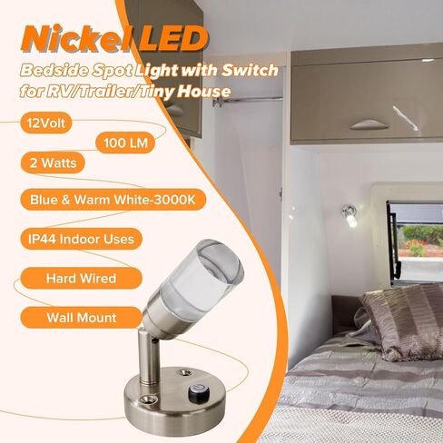 حلم الإضاءة 12V LED أضواء القراءة مع التبديل الأضواء الجهد المنخفض لRV المراكب الشراعية العربة الداخلية الأزرق و3000K الإضاءة البيضاء الدافئة 2 واط 100 لومن نحي النيكل النهاية، 2 حزمة in Kuwait
