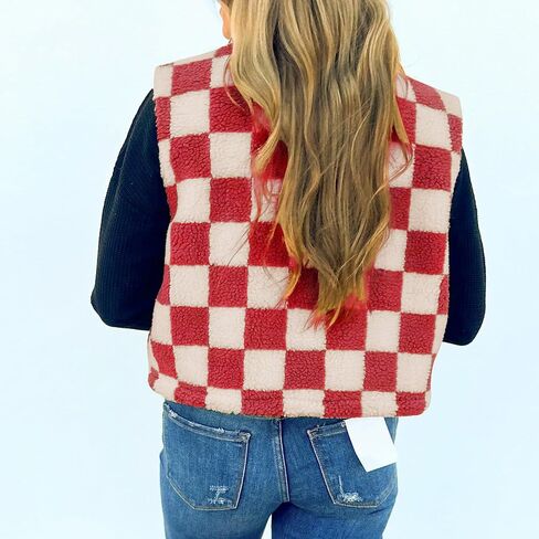 Hixiaohe Womens Checkered Cropped Sherpa Fleece Vest High Collared Sleeveless Jacket Zip Up Vests Casual Warm Outwear Gilet in Saudi Arabia