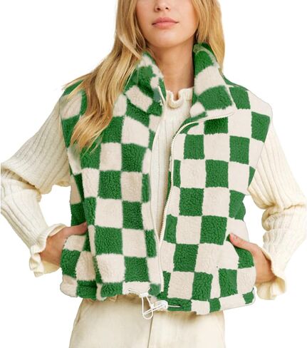 Hixiaohe Womens Checkered Cropped Sherpa Fleece Vest High Collared Sleeveless Jacket Zip Up Vests Casual Warm Outwear Gilet in Saudi Arabia