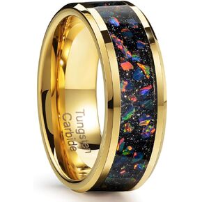 Holizaly Men's 8MM gold tungsten steel galaxy ring inlaid with gold foil marriage promise chamfered shiny surface comfortable fit size 7-14 with gift box