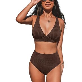 CUPSHE Women's Bikini Sets Two Piece Bathing Suit High Waisted Plunging Neck Criss Cross Back Textured Swimwear