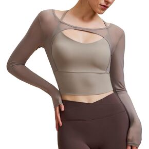 Harssidanzar Long Sleeve Yoga Shirts for Women Mesh Gym Athletic Tops Workout Shirts with Sports Bra CL304US
