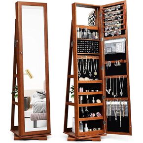 FANTASK 360°Rotating Jewelry Cabinet, Lockable Standing Jewelry Organizer w/Full Length Mirror, Inside Mirror & Rear Storage Shelves, Large Storage Capacity, Jewelry Armoire w/Mirror for Bedroom in Kuwait
