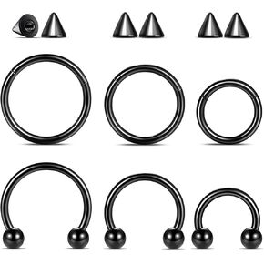 aumeo 6pcs الأنف الحاجز حلقة 16g 18g الصلب الجراحي أنف ثقب المجوهرات 8mm 10mm 12mm حلقات الحاجز الحاجز الحواجب حلق الحواجب حلقات الذهب الفضي الأسود