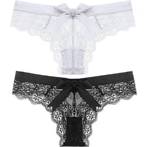 2Pcs Women Sexy Panties Lace Bow Briefs Thongs Underwear T-Back Low Waist V-Shape Breathable 2-Pack