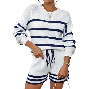 Womens Cute Color Block Striped Crewneck Long Sleeve Thin Sweater Top And Shorts 2 Piece Set Spring 2025