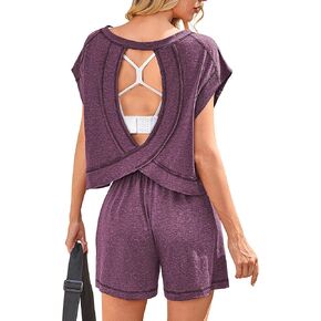 BB & KK Womens 2 قطعة مفتوحة مفتوحة Crewneck Cap Sleeve Tunic Top Servring Sets Lounge Athletic Matching Set