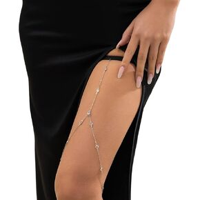 Simple Adjustable Elastic Leg Chain Summer Crystal Thigh Chain Beach Thin Bead Thigh Leg Chain Bikini Beads Body Thigh Jewelry for Women(Silver)