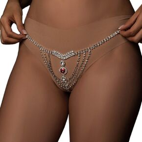 Rhinestone Belly Waist Chain Jewelry Crystal Thong Panties Luxury Rhinestone Underwear G-String Body Chain for Women Nightclub Party (Red Rhinstone Thong)