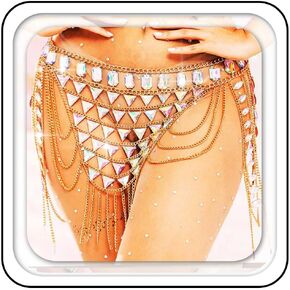 Aukmla Crystal Chain Skirt Gold Rhinestones Waist Belly Chains Skirts Rave Nightclub Body Jewelry for Women