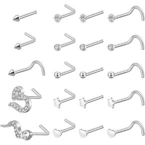 Ldurian 22PCS Nose Rings Studs | Nostril Piercing Jewelry Titanium Nose Stud Ring | Surgical Steel Nose Piercing Kit Jewelry | L Shape 18G 20G Nose Studs Set