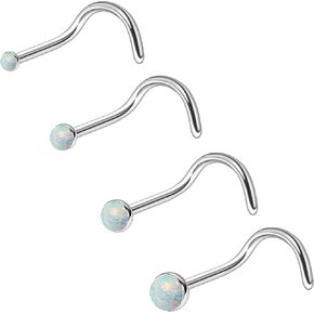 Ruifan ASTM F136 Titanium Nose Rings 18G 20G 22G Jeweled White Opal Nose Studs Ring Screw L-Shaped Bone Hypoallergenic Body Piercing Jewelry for Women 1.5mm 2mm 2.5mm 3mm 4PCS
