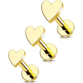 16G/18G/20G Gold Flat Back Nose Studs for Women, 3Pcs Heart 316L Stainless Steel Threadless Flat Back Stud Earrings, Nose Piercings Tragus Earrings Gold Cartilage Lip Medusa Conch Piercings