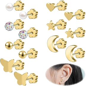 AOEDEJ 7 Pairs Cartilage Earrings for Women Hypoallergenic Surgical Stud Earring Set with Secure Flower Backs Ear Studs Piercing Jewelry