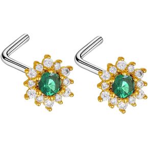 20G Nose Rings Studs for Women Stainless Steel L-Shaped Flower Nose Nostrial Piercing Studs Green CZ Body Piercing Jewelry