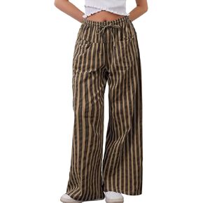 Kissonic Women Striped Pants Casual Drawstring Wide Leg Trousers Loose Lounge Pajama Pants with Pockets