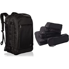 Amazon Basics Carry-On Travel Backpack - Black & 4 Piece Packing Travel Organizer Cubes Set, Black