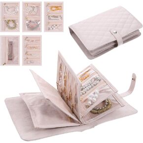 Jewelry Travel Case,Portable travel Jewelry Organizers Storage with 5 Pouch Jewelrys Roll for Necklaces,Rings,Earrings (Beige & White)