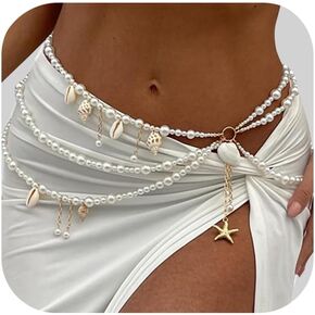 Summer Beach Shell Conch Pendant Waist Chain Belt Festival Rave Pearl Waist Body Chain Multi-layered Pearl Belly Chain Jewelry Outfit Dress Body Jewelry for Women